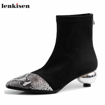 

Lenkisen new cow leather stretch flock med heels pointed toe mixed colors snakeskin pattern strange heels winter ankle boots L63