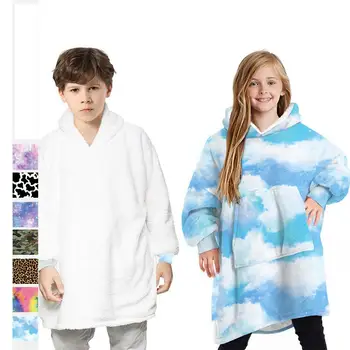 

Fleece Blanket With Sleeves OutdoorTie Die Hooded Warm Soft Boys Girls Hoodie Slant Robe Bathrobe Sweatshirt Pullover For 7-20t
