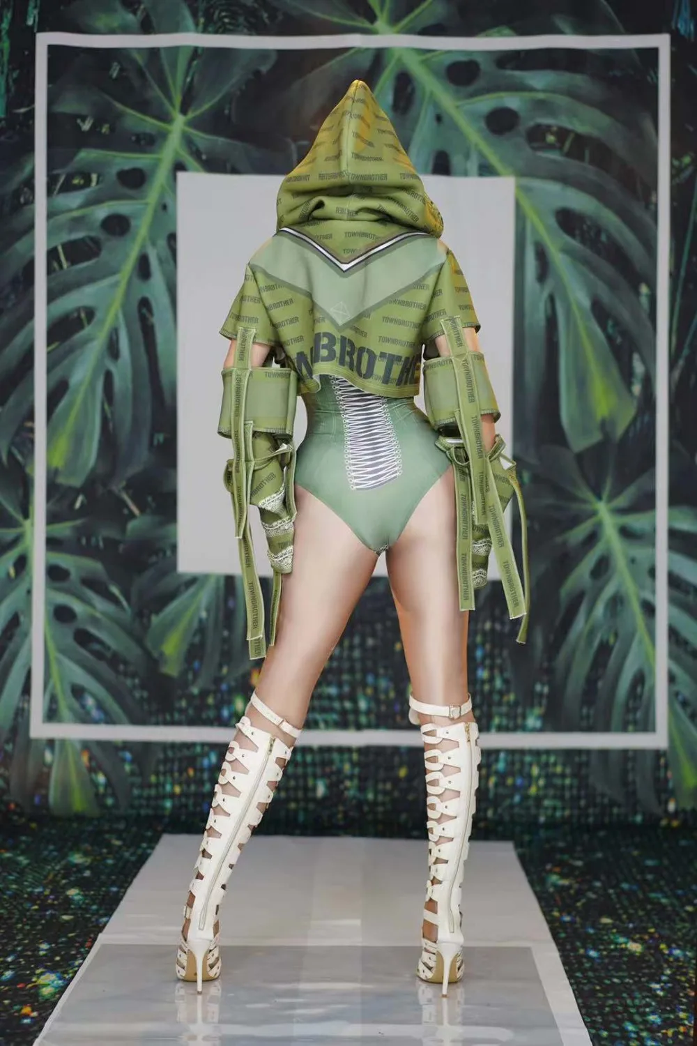 Бар ночной клуб для женщин певица DJ костюм ведущий танцор джаз хип хоп представление сценический наряд армейский зеленый Боди Топы униформа