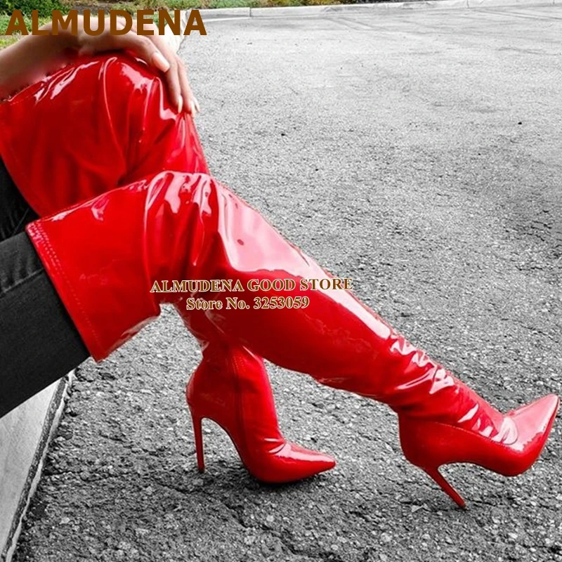 pink patent thigh high boots