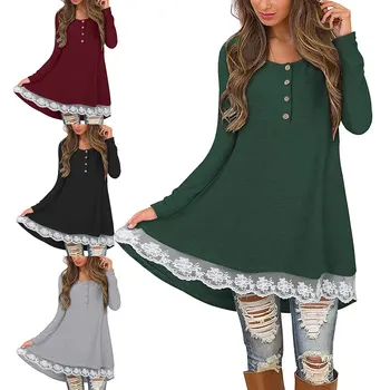 

2019 Autumn New Women's Loose Tops Round Neck Button Lace Patchwork Loose Long-sleeved Long T-shirt