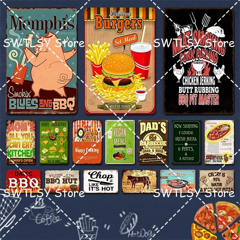 Blues And BBQFast Food Signs Metal Tin Vintage Posters Restaurant Cafe Motel Bar Kitchen Wall Decor 8 x 12 Inches | Дом и сад