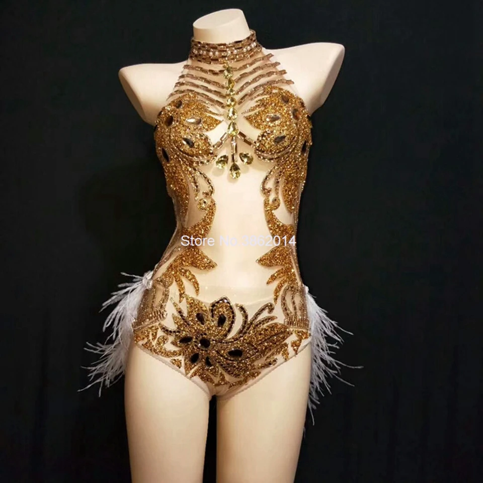 Sparkly Gold Silver Rhinestone Bodysuit Women Sexy See Trough Feather Tail Birthday Party Nightclub Singer Dance Stage costume