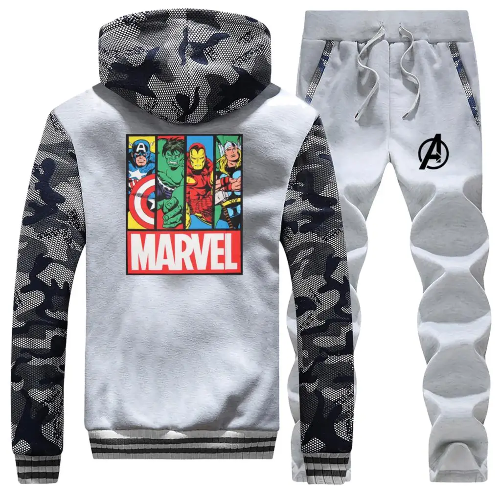 С принтами "Marvel", "Мстители", с камуфляжным принтом, комплекты Для мужчин зимние куртки и кофты с капюшоном "Marvel" из теплого флиса на молнии штаны, толстовка Для мужчин полный костюм; спортивный костюм