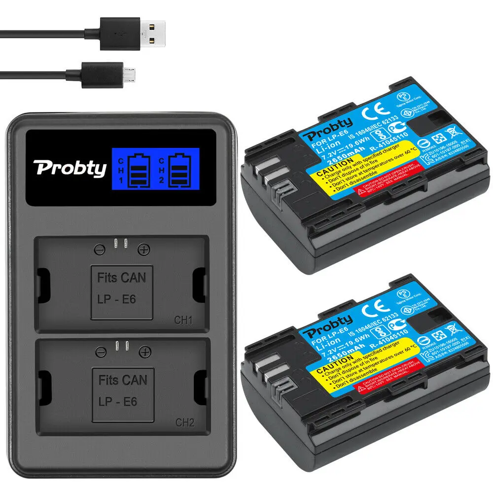 

2pcs Full code 2650mAh LP-E6 LP E6 lpe6 Battery + LCD Dual Charger For Canon EOS 5DS R 5D Mark II 5D Mark III 6D 7D 80D EOS 5DS