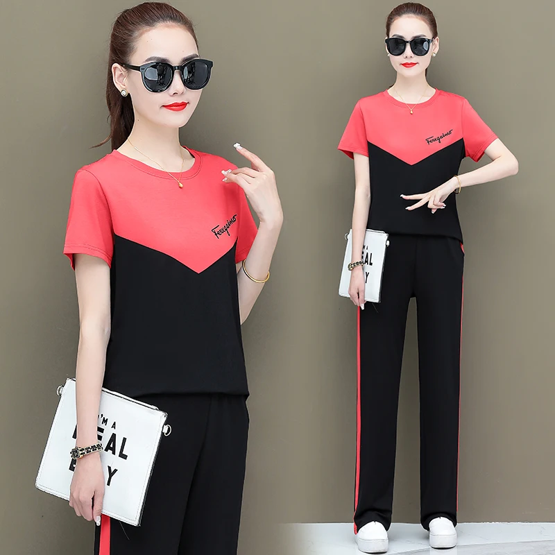 Conjunto de dos piezas de moda holgado de manga corta para mujer, conjunto de pantalones holgados de Color fino a juego, ropa naranja, púrpura, azul y rosa