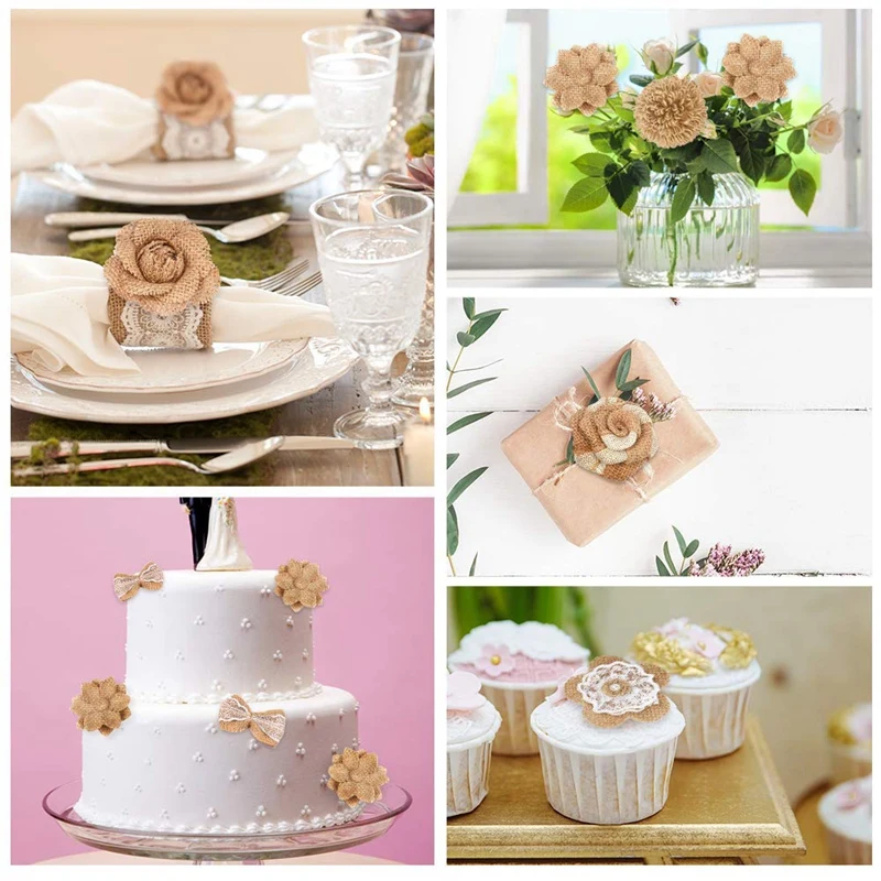 24Pcs Burlap Flowers 8 Styles Natural Handmade Rustic Rose Flower Bowknot With Faux Pearls For Diy Craft Bouquets Hom | Дом и сад
