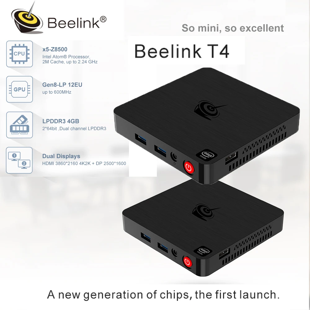 Мини-ПК Beelink T4 Int Atom X5-Z8500 HD graphics 600 4GB ram + 64GB 2 4 GHz 5 8 WiFi 1000Mbps USB3.0 BT4.0 поддержка 4K tv Box |