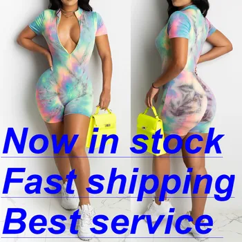 

Women Deep V-neck Tie Dyeing Print Front Zipper Jumpsuit Playsuit Shorts Romper Jumpsuits Shorts