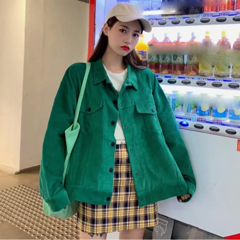 

Nice Spring Fll Women Korea Slim Basic Corduroy Jacket With Pockets Loose Short Jacket Turn-Down Collar Cotton Long Sleeve Coat