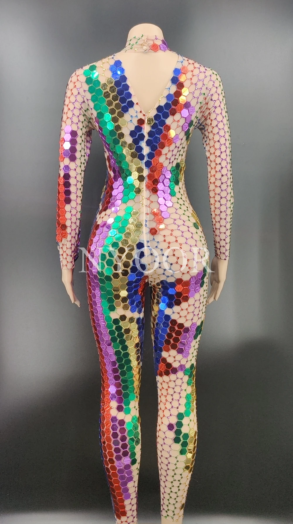 Shining Multi-Color Mirror Rhinestones Transparent Jumpsuit Long Sleeve Birthday Prom Party Dress Dancer Show Outfit Stage Wear