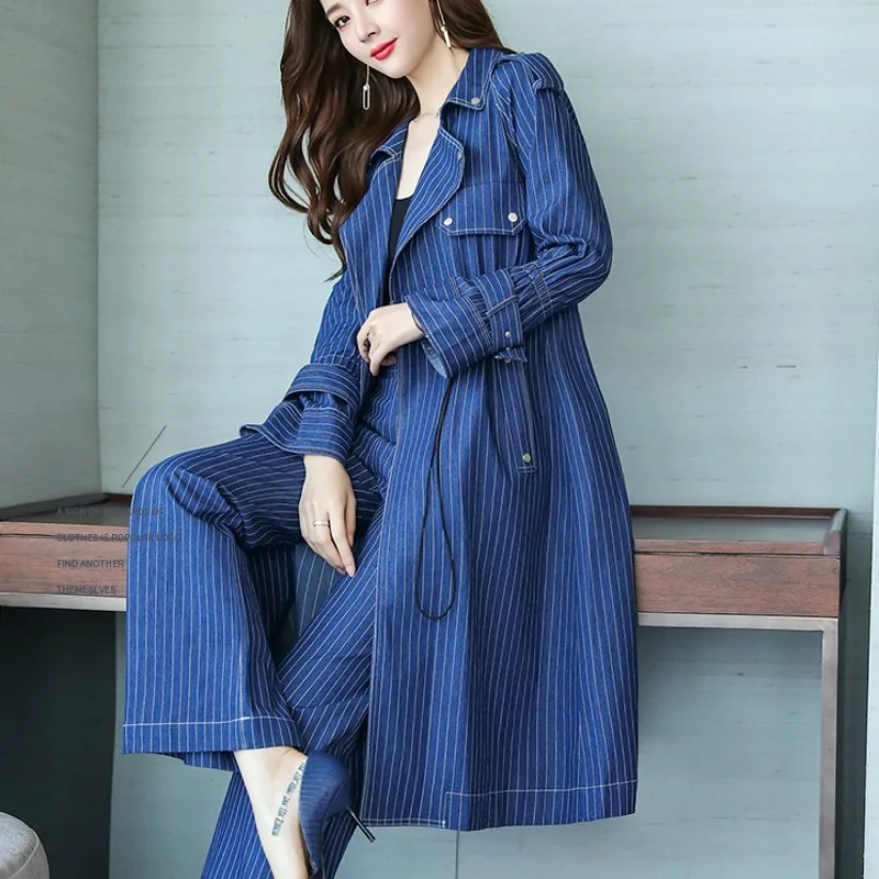 

Fashion Womens Office Denim Suit European Style Lace Up Striped Denim Long Coats Loose Straight Leg Pants Two Pieces Set Blue