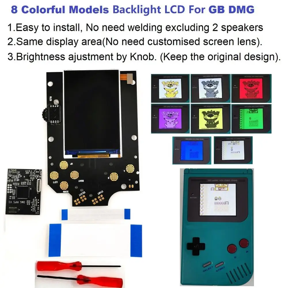 V3 8 Colorful Models Full Size RIPS Backlight Backlit LCD Kit For GameBoy DMG GB DMG Console GB DMG And Pre-cut shell case