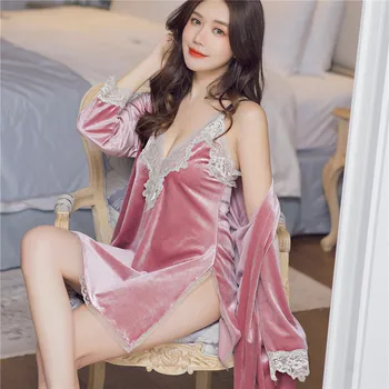 

Autumn Winter 2PCS Sleepwear Women Sexy Velour Robe Set Nightdress Deep V-neck Split Nightgown Kimono Bath Gown Loose Nightwear