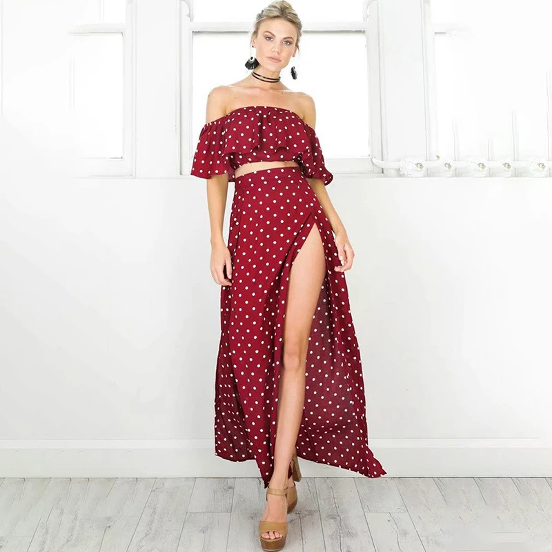 

Vintage Off Shoulder Sexy Maxi Dress Women 2Piece Set Summer 2019 Backless Dot Sliting Ruffles Set Sexy Party Dress Vestidos