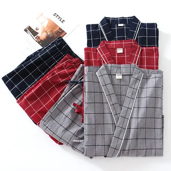 

Plus Size XL Japanese pajamas Sets mens Plaid pijamas male 100% cotton Spa Robe sets for male boxer kimono robes men hombre