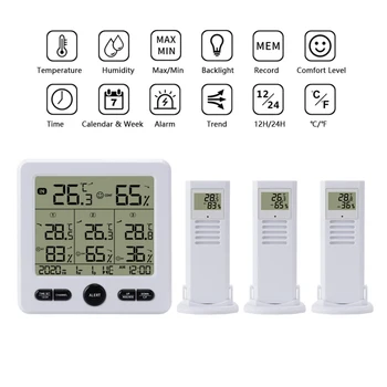

Digital Wireless Indoor Outdoor Thermohygrometer 98ft/ 30m Temperature Humidity Monitor with 3 Transmitters Weather Stations