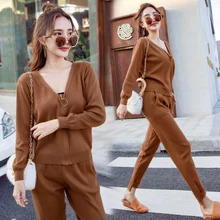 

Autumn Winter Women Knitted Sweater Sets Casual V-Neck Zipper Knitted Sweater&Long Pants Female Tracksuits Suits 2 PC Sets