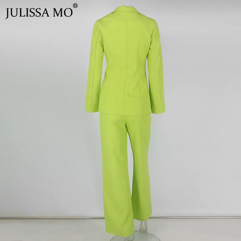 Julissa mo розовый Офис Леди Блейзер Костюмы для женщин осень зима из двух частей куртка длинные брюки комплект мода на шнуровке бизнес наряды