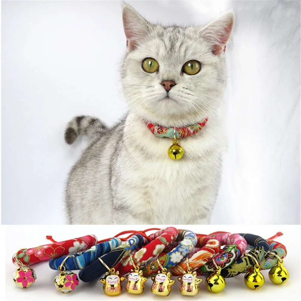 Adjustable Dog Cat Collar Japanese Style Handmade Printed Necktie Necklace With Bell for Puppy Kitten Pet Cat Accessories Adjustable Dog Cat Collar Japanese Style Handmade Printed Necktie Necklace With Bell for Puppy Kitten Pet Cat Accessories