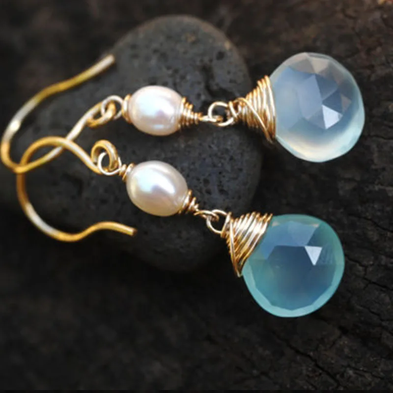 Aqua Chalcedony and petite pearl dangle earrings Glowing natural gemstones earrings