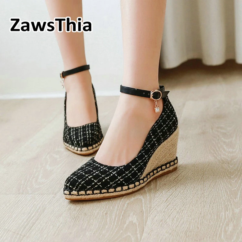 Sianie alpargatas de cuña de tweed cuadros para mujer, zapatos de gladiador de tacón alto, y otoño, novedad de 2022|Zapatos tacón de mujer| - AliExpress