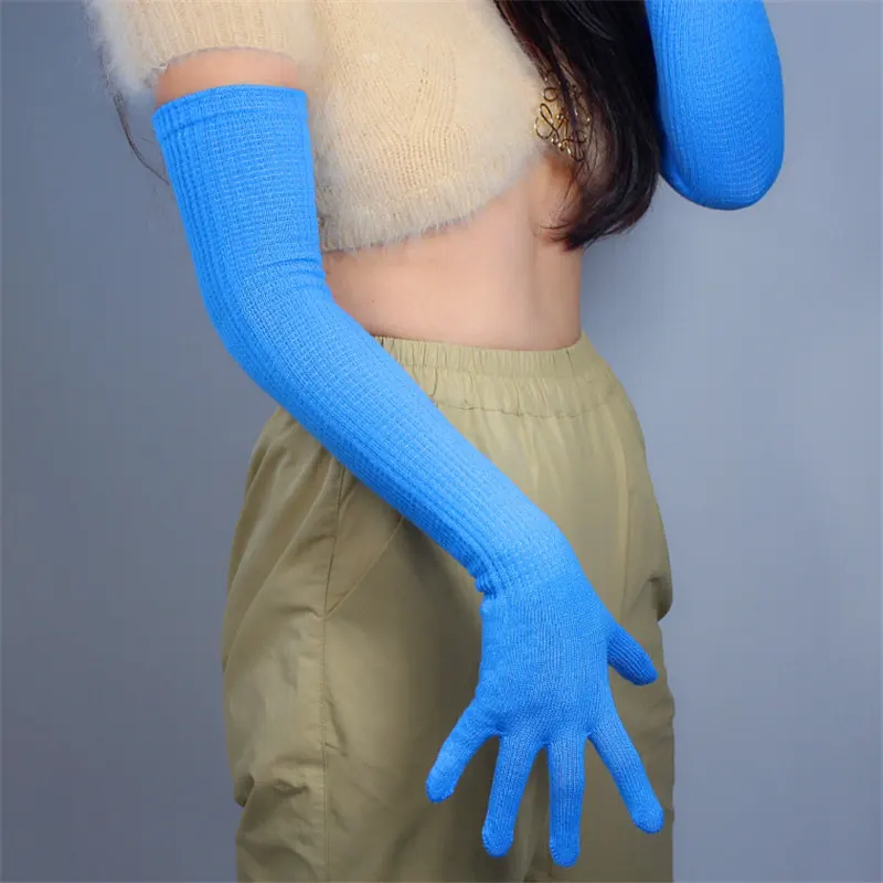 Women Fashion Long Wool Gloves 55cm Knitting Five Fingers High Elasticity Wool Avocado Green ZZ55-10