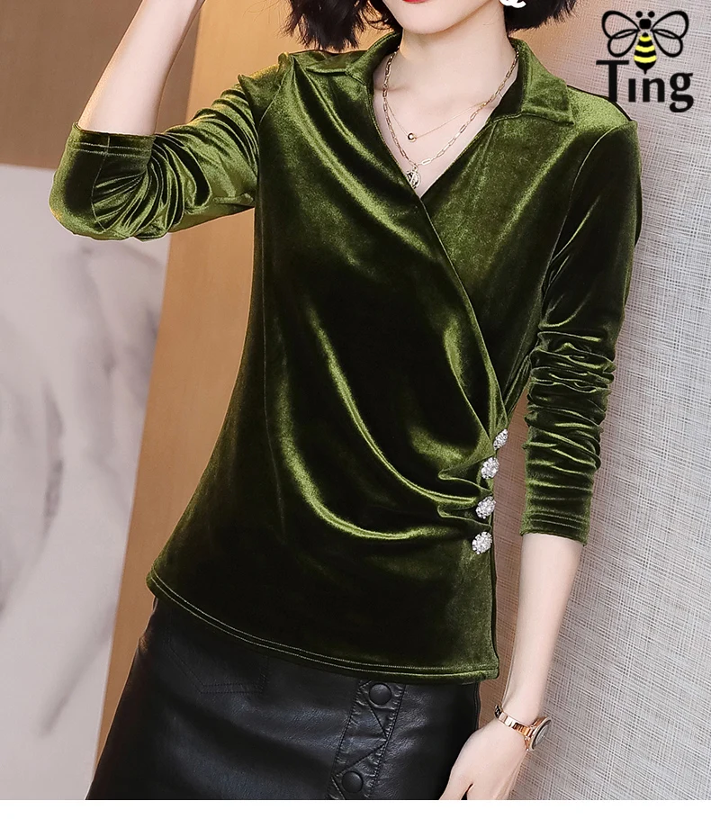 Tingfly женские элегантные винтажные зеленые бархатные офисные блузки повседневные Вельветовые женские рубашки Весна