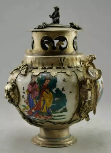 중국 데코레이션 안티구아 hecha a mano porcelana tibetana plata 벨 quemador de incienso, porcelana tibetana plata 