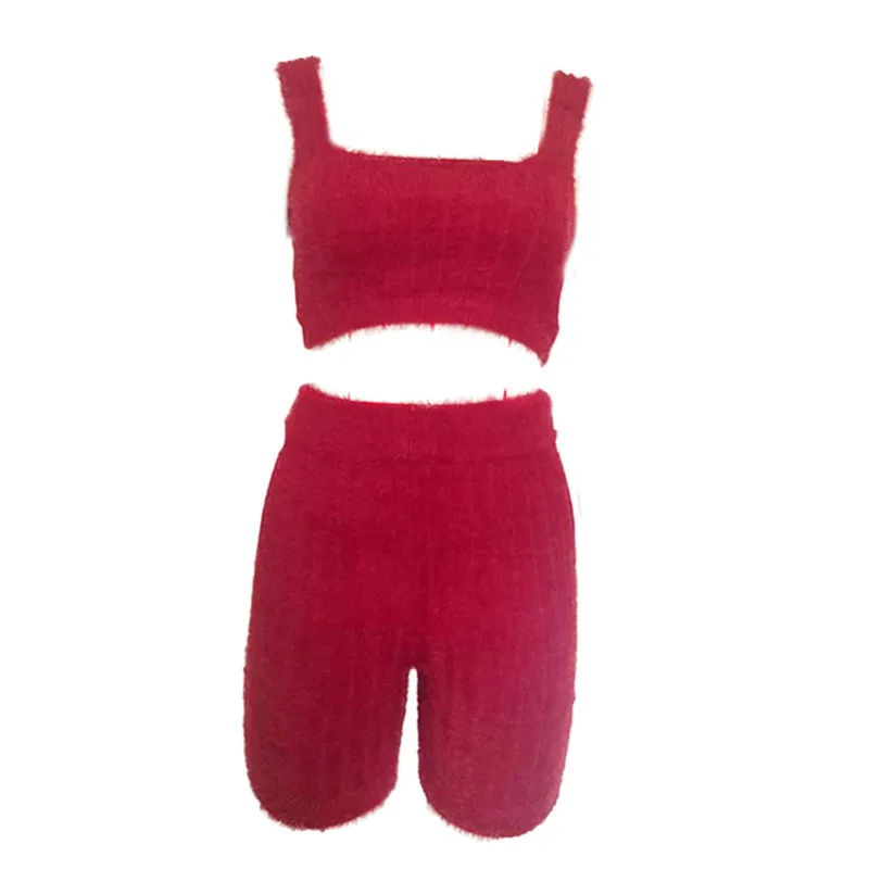 

2Pcs Women Summer Suit, Solid-Color Woven Square-Neck Tank Top + High-Waist Tight Shorts Outfits for Ladies Winter warm Fur Sets
