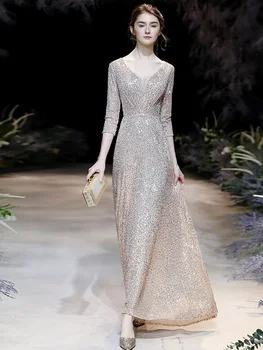 

Kesna 2020 New Sequined Evening Dress V-Neck Long sleeveless Simple Evening Gowns Long Party perspective Dresse
