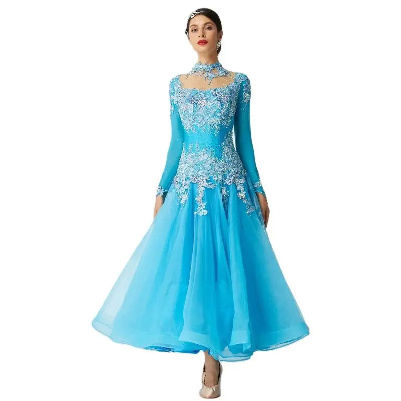 B2081 Competition Sky Blue American Sexy Ballroom Dance Dress High