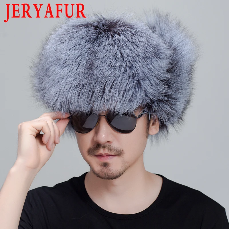 JERYAFUR русская кожаная Кожаная Шапка-бомбер мужская зимняя шапка наушники мужские шапки натуральный мех енота Черная шапка с лисой