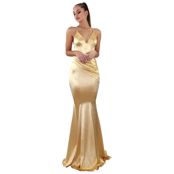 

Long Evening Party Ceremony Dresses Sexy Deep V Neck Satin Solid Color in Stock Floor Length Prom Gown