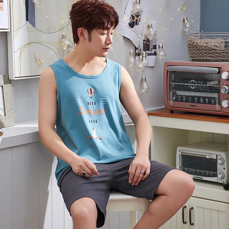 

2020 Pajamas Male Vest Pure Cotton Summer Men Pure Cotton Large Size Casual Comfortable Pajamas Homewear Set