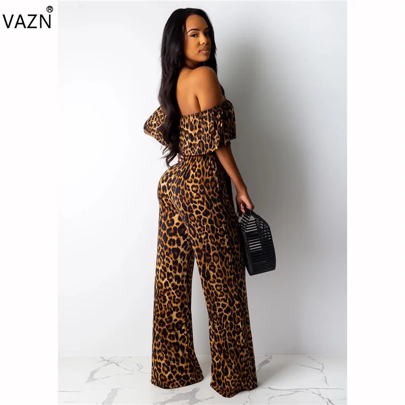 VAZN CY1184 new arrival summer sexy lady leopard jumpsuit short sleeve slash neck long pant jumpsuit lady daily jumpsuits
