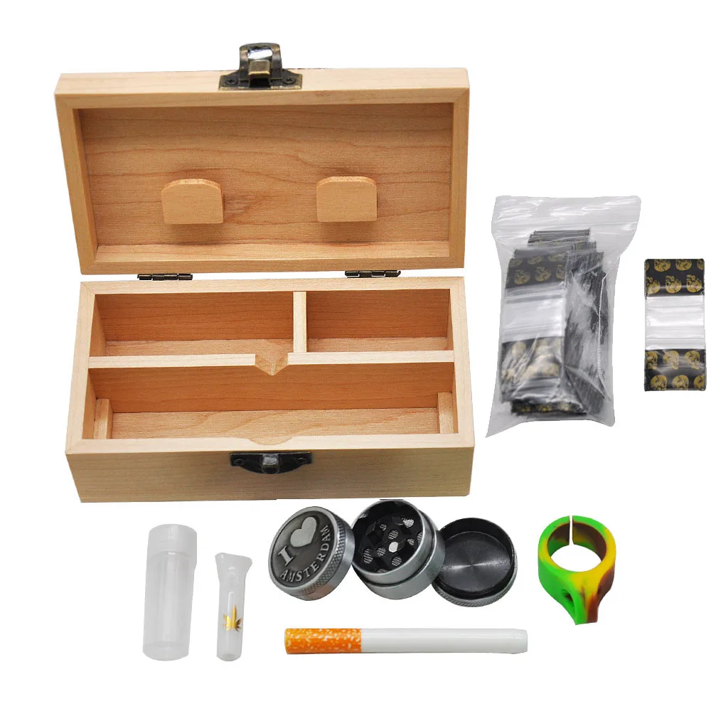 

HORNET Smoking Set Wood Stash Box Storage Case With Rolling Tray Metal Herb Grinder Glass Mouth Tips & One Hitter Tobacco Pipe