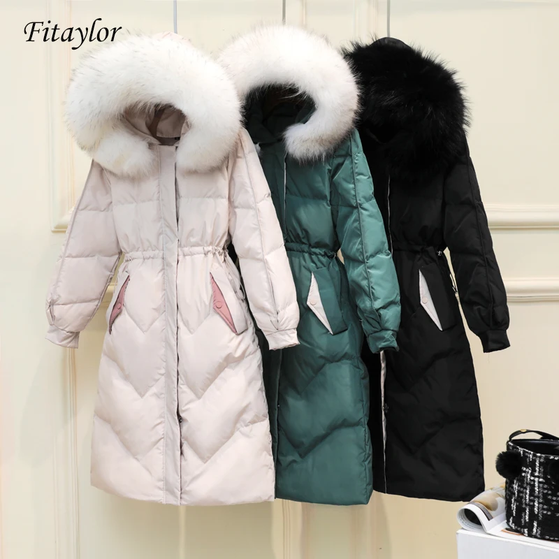 

Fitaylor Women Winter Coat White Duck Down Parkas Real Raccoon Fur Collar Hooded Jackets Sash Tie Up Medium Long Overcoat