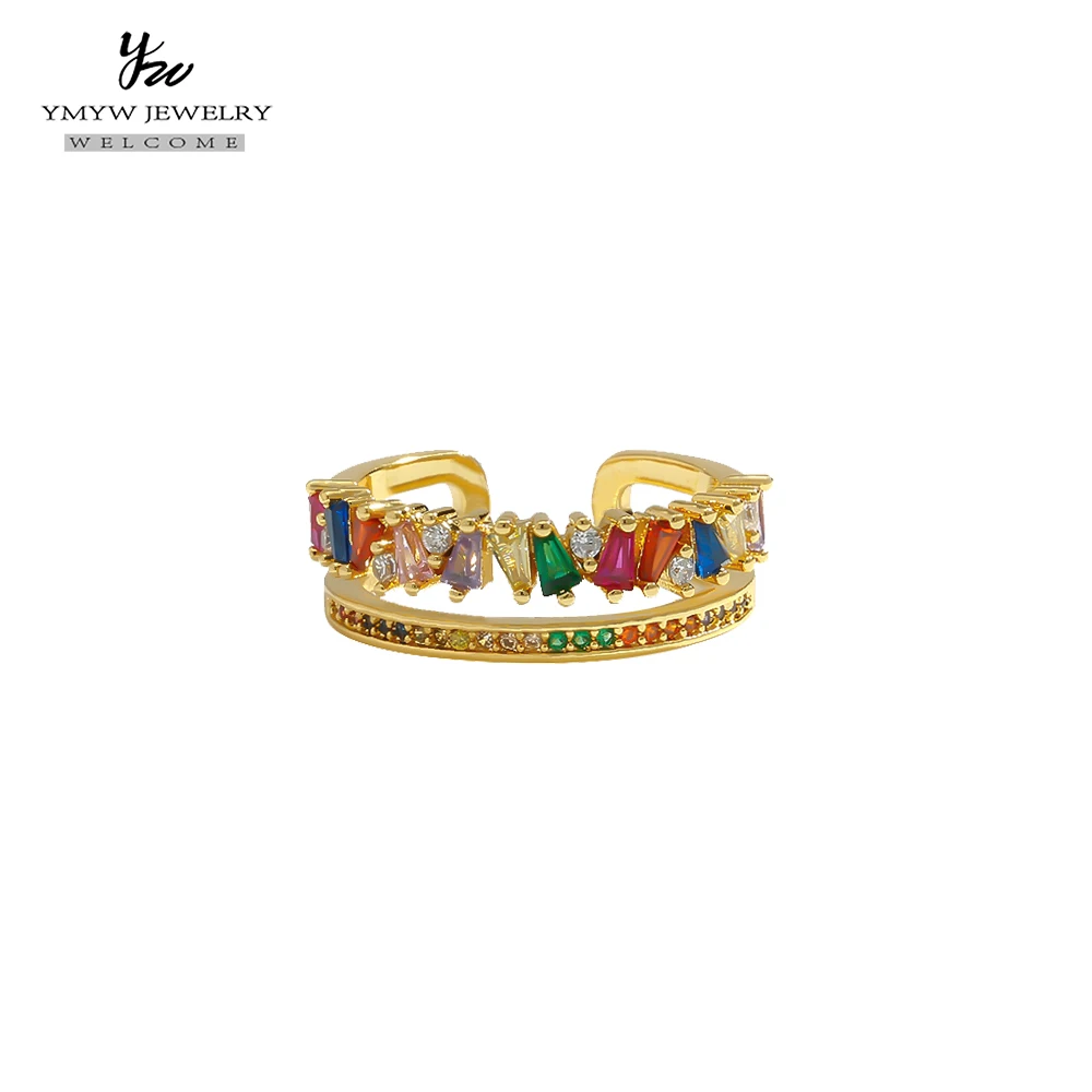

YMYW Fashion Gold Open Rainbow Rings Copper Cubic Zirconia Resizable Finger Rings for Women Girls Colorful Party Gift Jewelry 2019