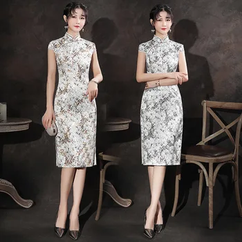 

New Chinese Style Women Cheongsam Summer Rayon Daily Dress Printed Vintage Handmade Button Stage Show Qipao Plus Size M-3XL