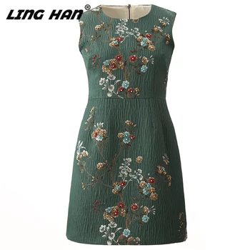 

LINGHAN Fashion Beading Dress Women's Elegant Print Sleeveless Party Mini Dresses Designer Spring Summer New