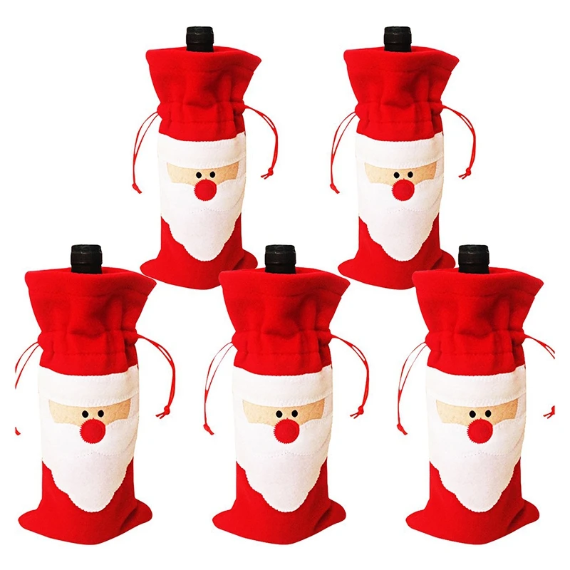5 Pack Christmas Wine Bottle Covers Santa Claus Red Wine Bottle Gift Bags with Drawstring for Holiday Party Table Decor