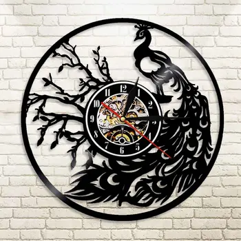 

Peafowl Peacocks LED Lamp Wild Nature Proud Bird Feather Non-ticking Vinyl Record Wall Clock Modern Design Room Mute Wall Watch
