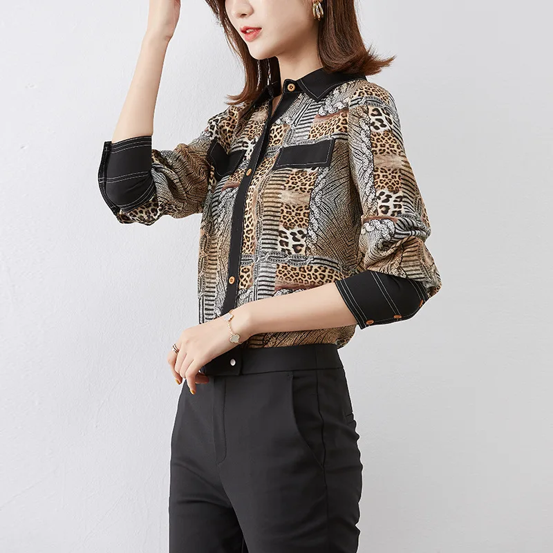 

2020 New Spring Women's Real Silk 100% Leopard Print Shirts Long Sleeved Turn Down Collar Casual Blouses Women Clothes