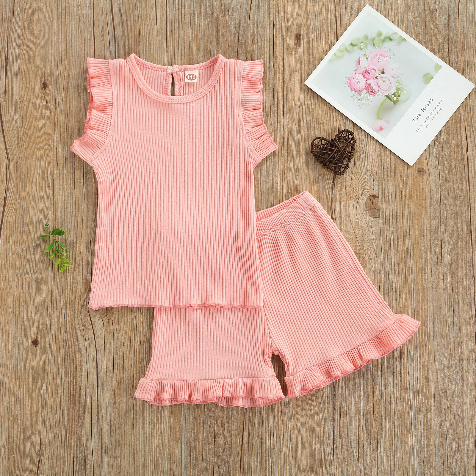 Summer 2 Pcs Casual Soild Color Infant Ribbed Outfits Baby Girl Flying Sleeve Round Neck