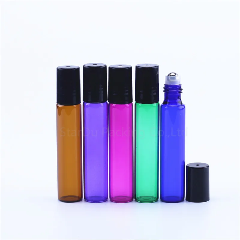 Wholesale 10ml amber blue Essential Oil Perfume Bottle Roller Ball Glass Roll On Durable For Travel Cosmetic Container 200pcs