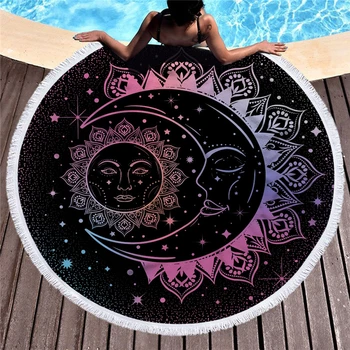 

Big Round Microfiber Towel Beach Portable Blanket Cover Picnic Mat Geometric Moon Sun Pattern Funny Indoor Yoga Mats Wall Carpet