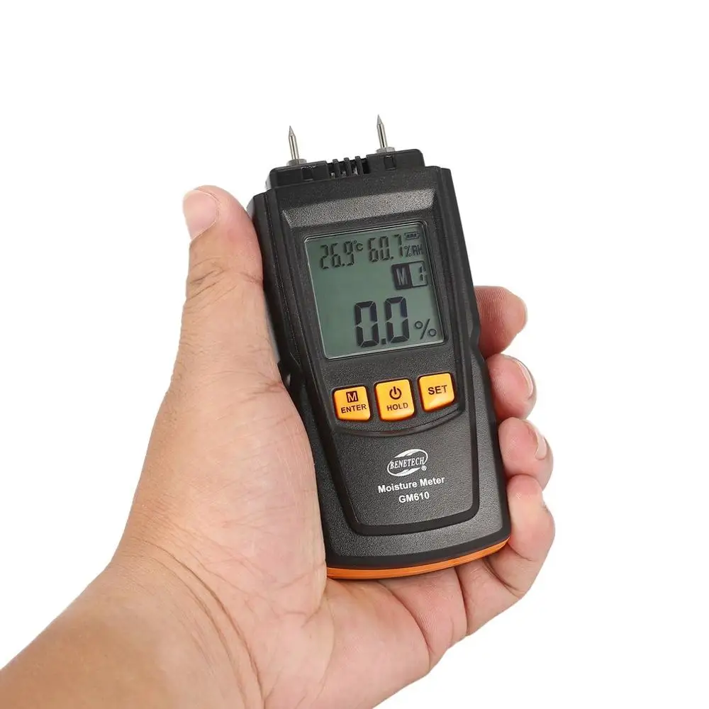 BENETECH GM610 цифровой ЖК-дисплей измеритель влажности древесины тестер влажности древесины бумага дерево влажной детектор 2 булавки гигрометр