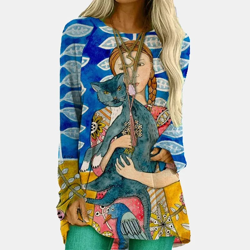 

Autumn Cartoon Print Long Sleeve T-shirt Women Vintage Abstract O-neck Tops