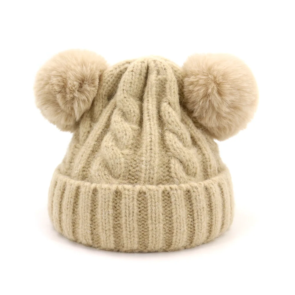 Новинка, стильная одноцветная вязаная шапка с двумя шариками, зимняя теплая шапка Skullies, шапка бини для взрослых мужчин и женщин, 112 - Цвет: Бежевый